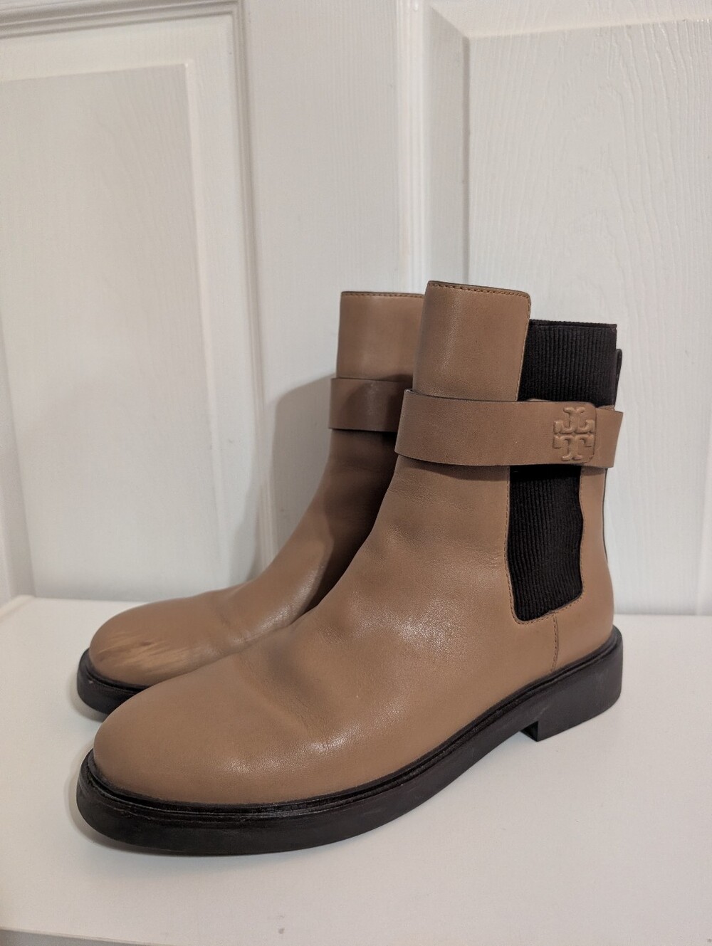 Tory Burch Womens Boots Double T Chelsea Brown Beige Ankle Leather Shoes Size 10